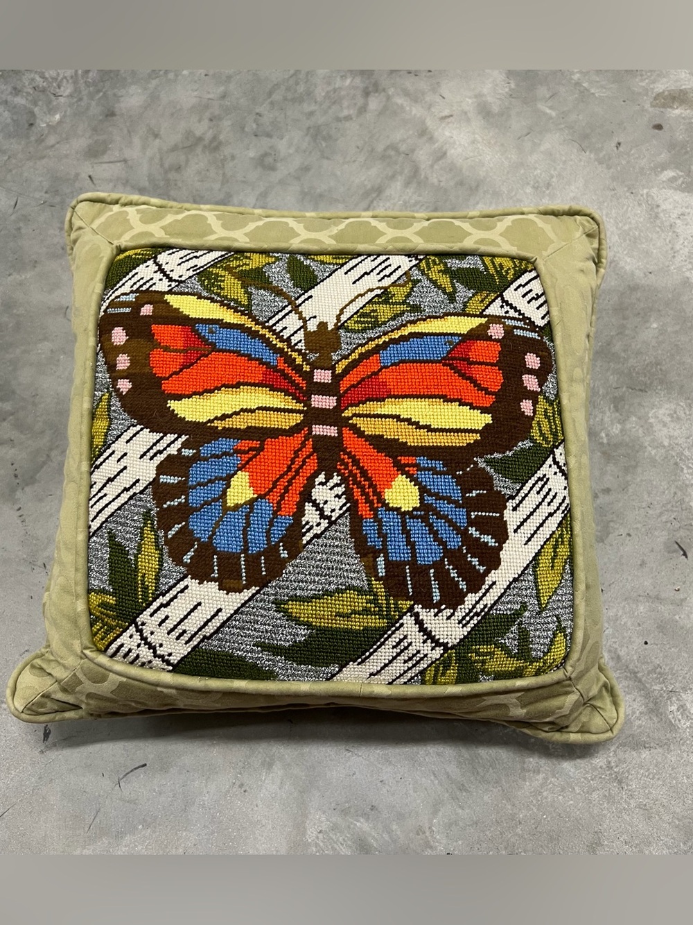 Vintage Pillow Butterfly Needlepoint Zipper Green Butterlfies Cross Stitch